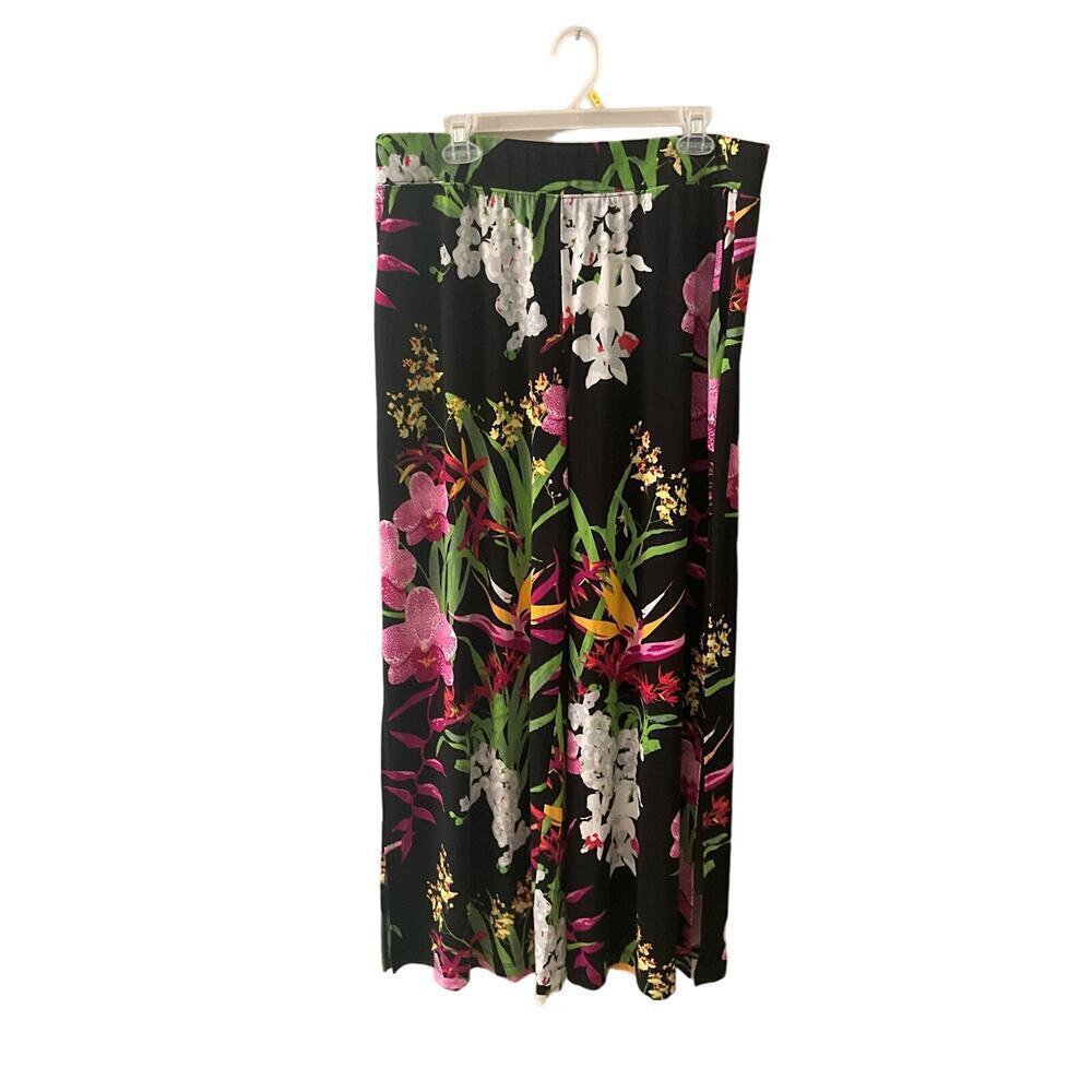 G.I.L.I. Jetsetter Flared Leg Pant Women's L/XL Black Floral Side Ankle Slit Hem